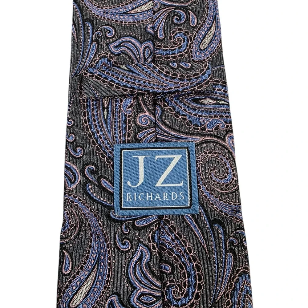 JZ Richards Mens Necktie Gray‎ Pink Blue Silk Paisley Handmade Embroidered USA